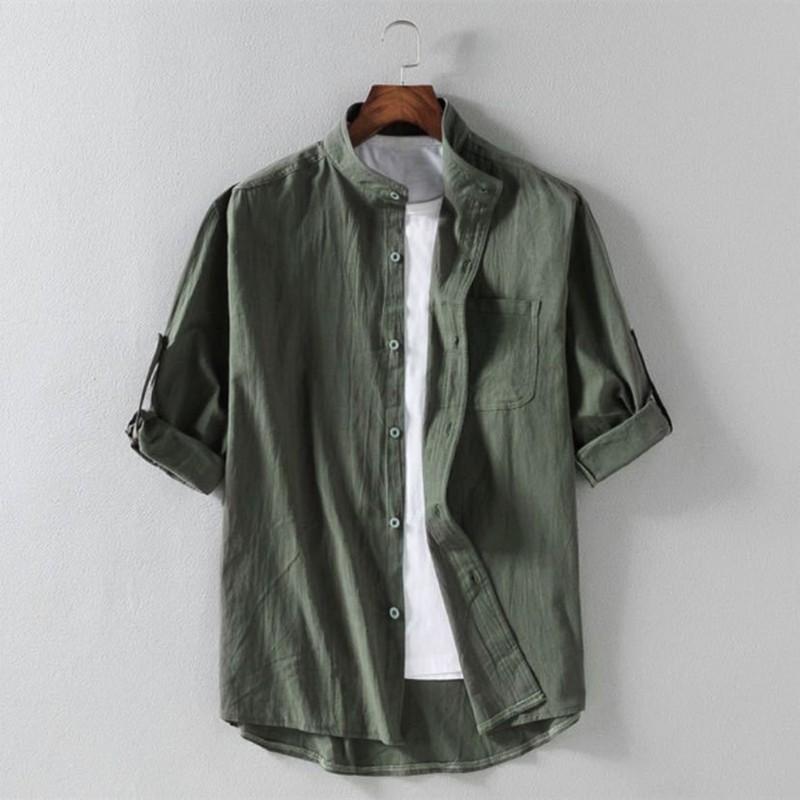 Men's Linen Stand Collar Five Quarter Sleeve Shirt Cotton Linen Casual Shirt gallery