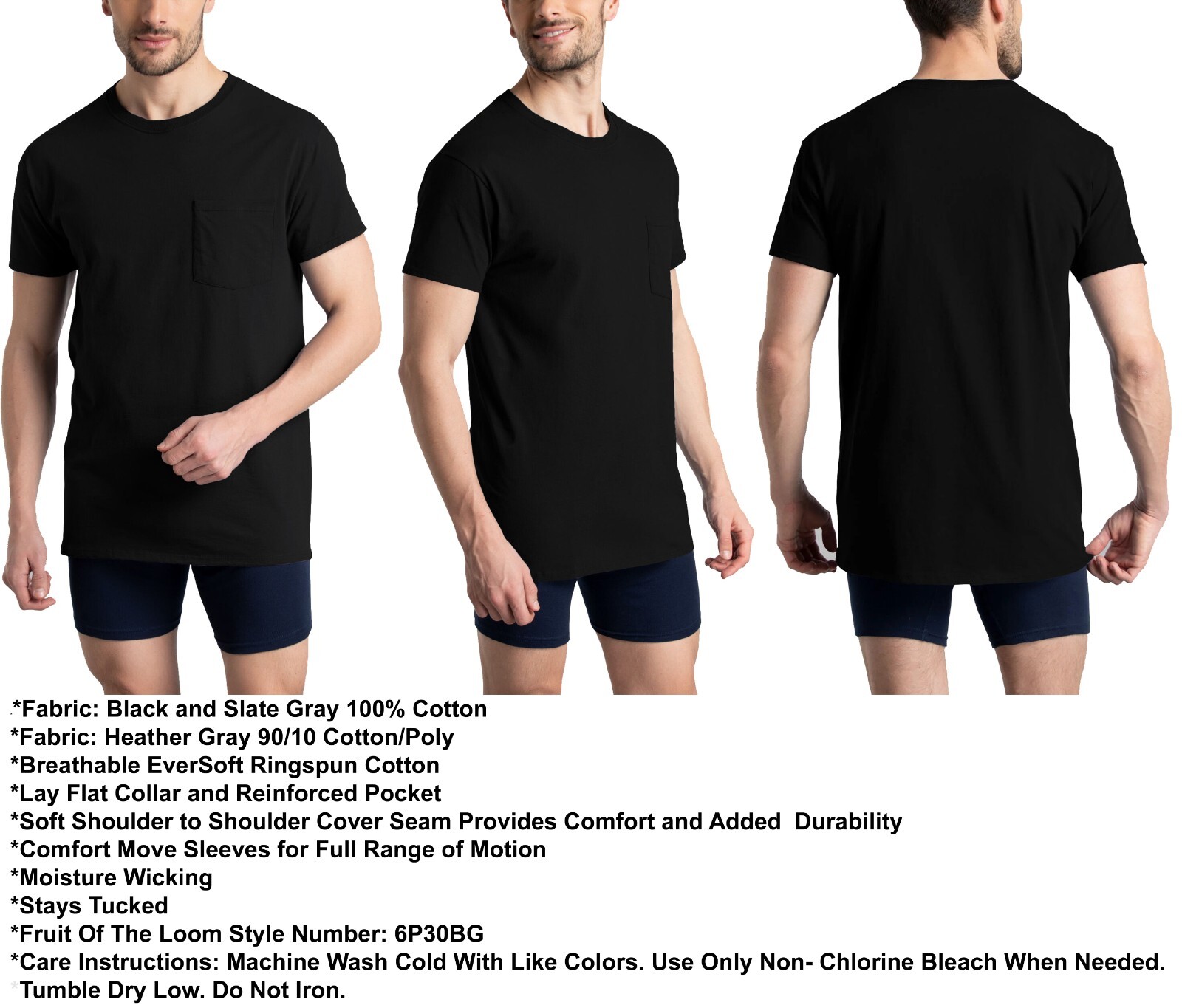 6 Fruit Of The Loom XL 46-48 Black Gray Pocket T-Shirts EG 117-122 CM gallery