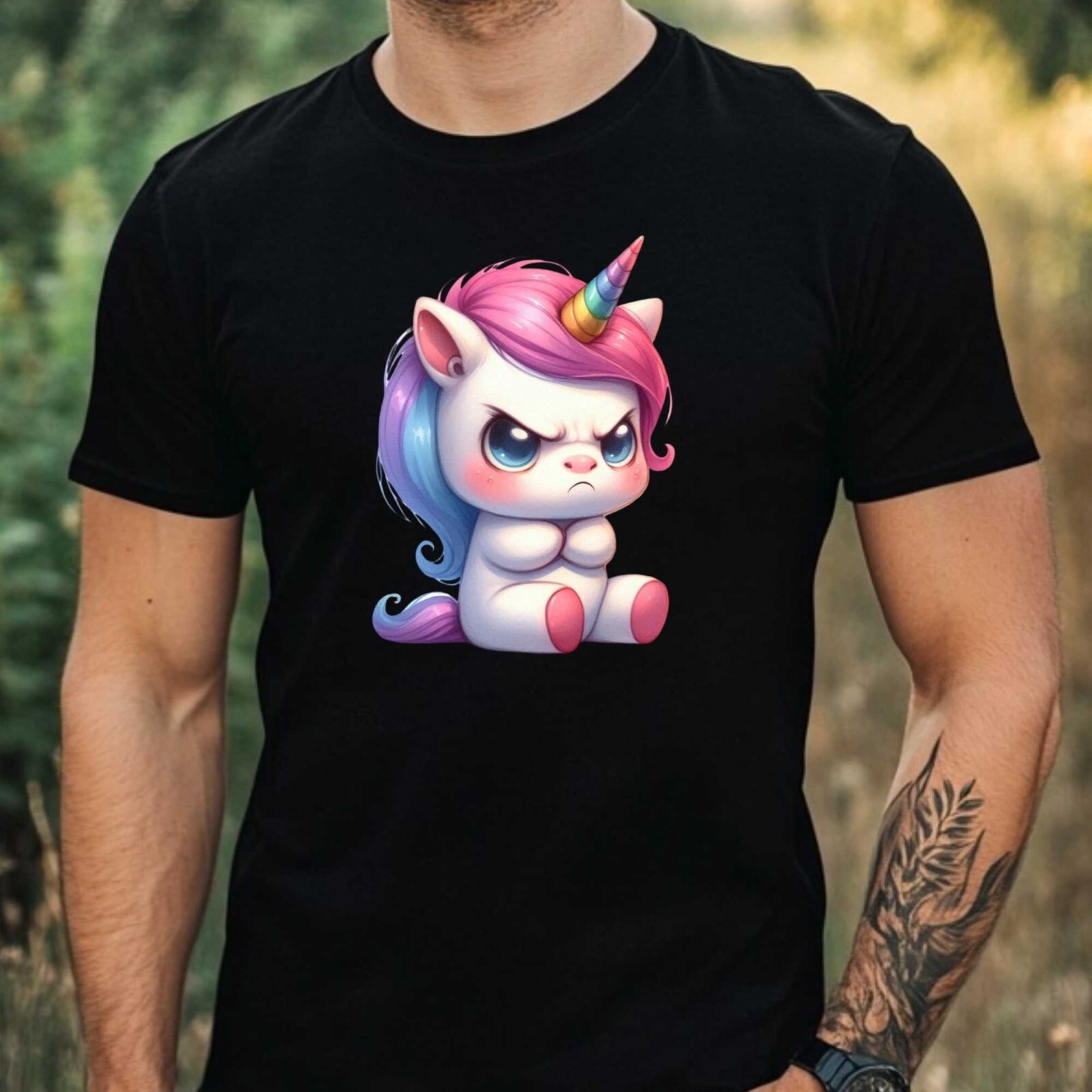 Mens Funny Grumpy Unicorn Motif Cotton T-Shirt Size XS to 5XL