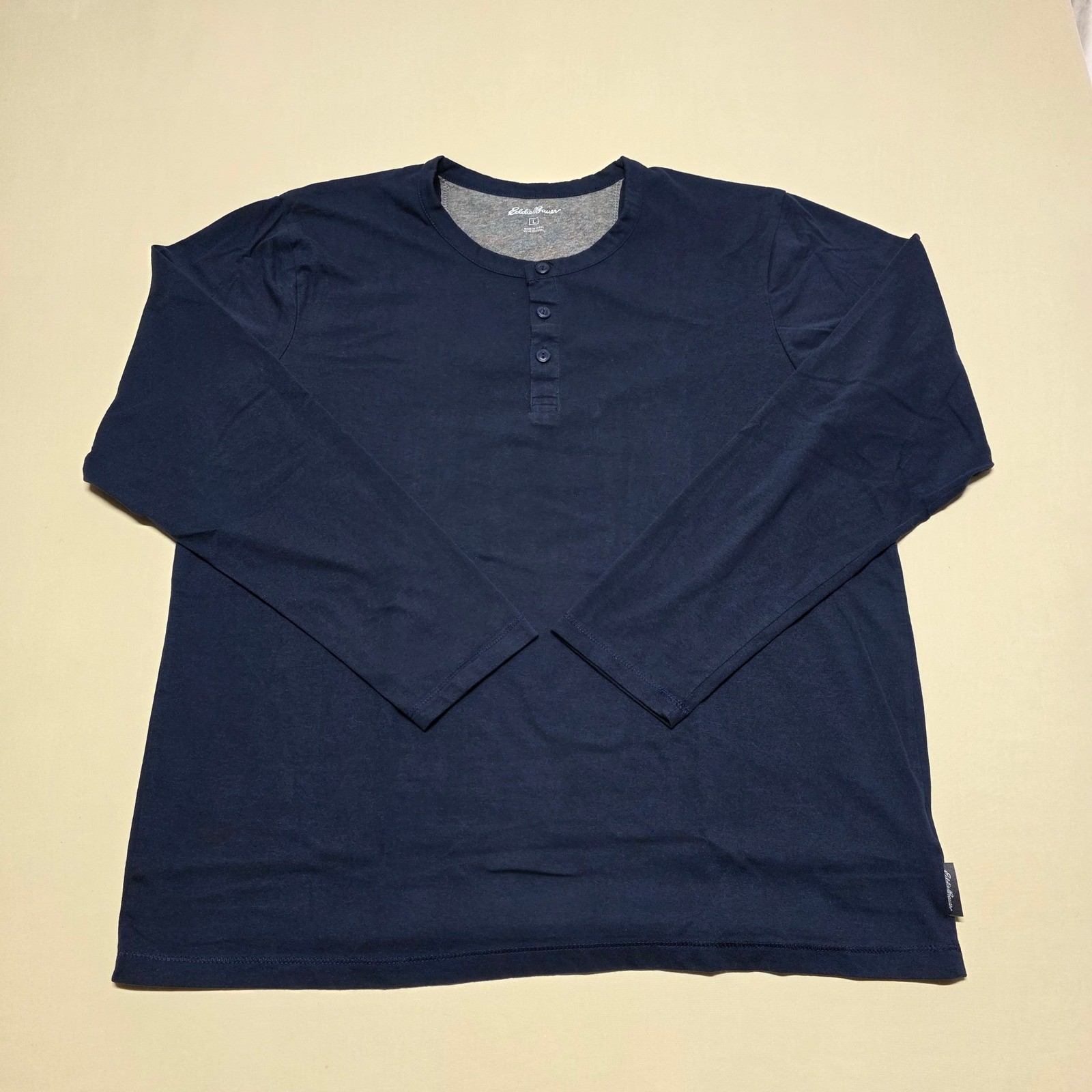 Eddie Bauer Mens Henley Shirt Large Navy 3/4 Sleeve Cotton Blend Casual Pullover