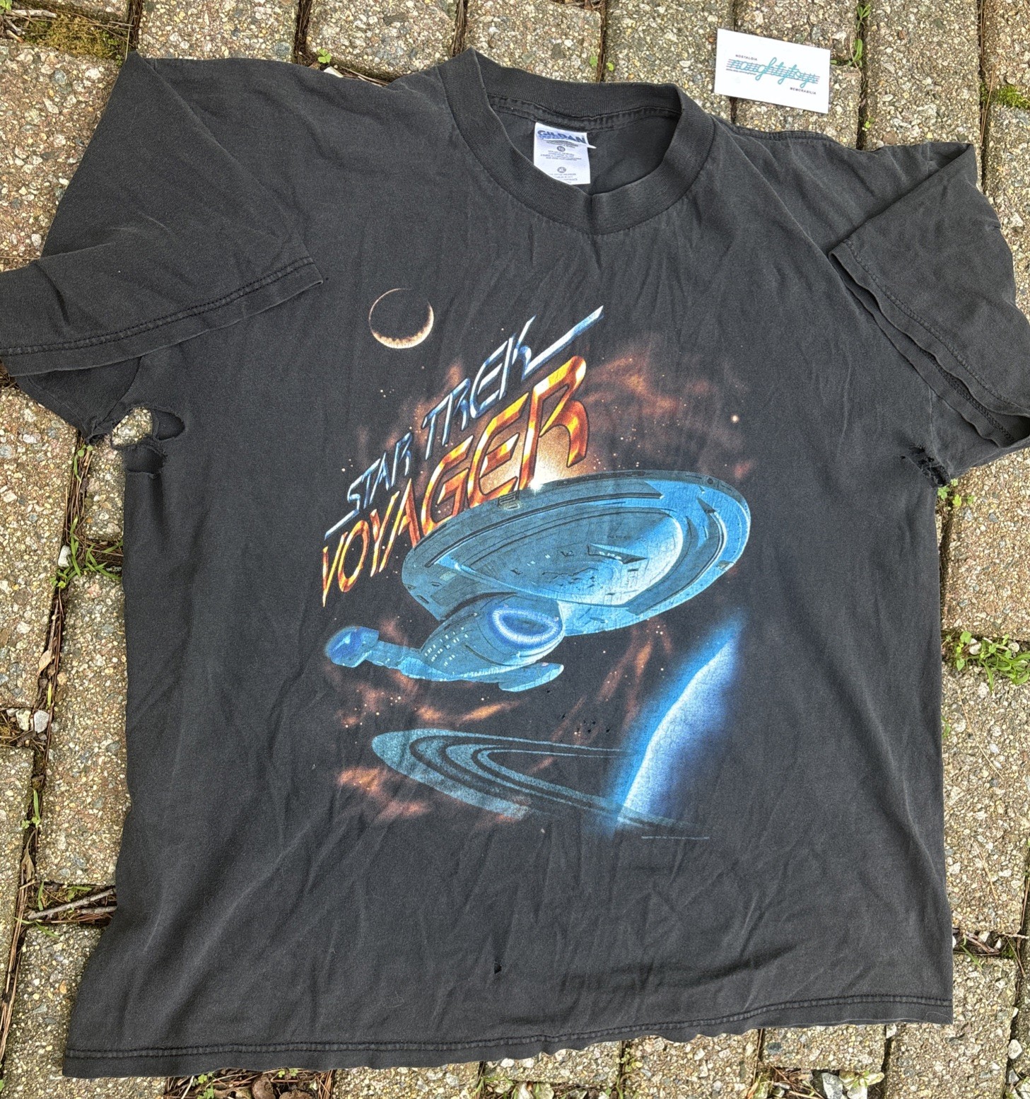 Vtg Star Trek Voyager Promo Graphic T-Shirt Men’s L/XL Tee 1997 **THRASHED**
