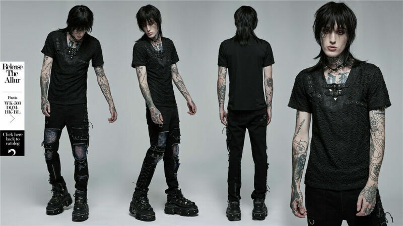 Punk Rave Men’s Gothic Daily Stylish Mesh V-neck Short Sleeve T-shirt Slim Tops