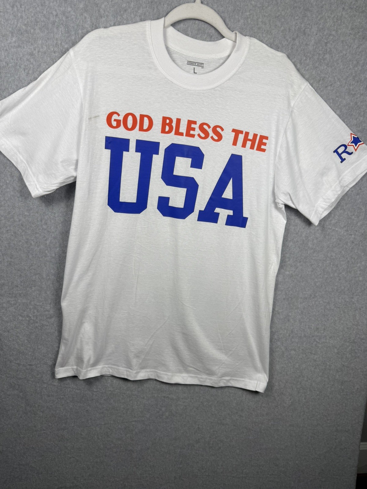 New Andrew Scott God Bless the USA T Shirt Men’s SZ L White Patriotic Tee Flawed