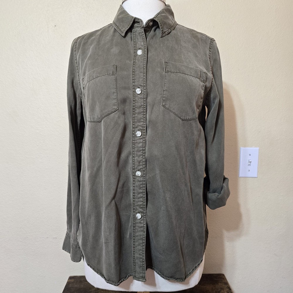 Tread & Supply Army Green Distressed Washed Longsleeve Roll Tab Sz Large Shirt