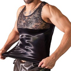 Men’s Tight Fitting Patchwork Leather Mesh Vest Sexy Nightclub Shaping Tank Tops