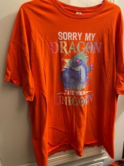 Cute Unique Sorry My Dragon Ate Your Unicorn Gift Unisex Orange T-Shirt NWOT 54″