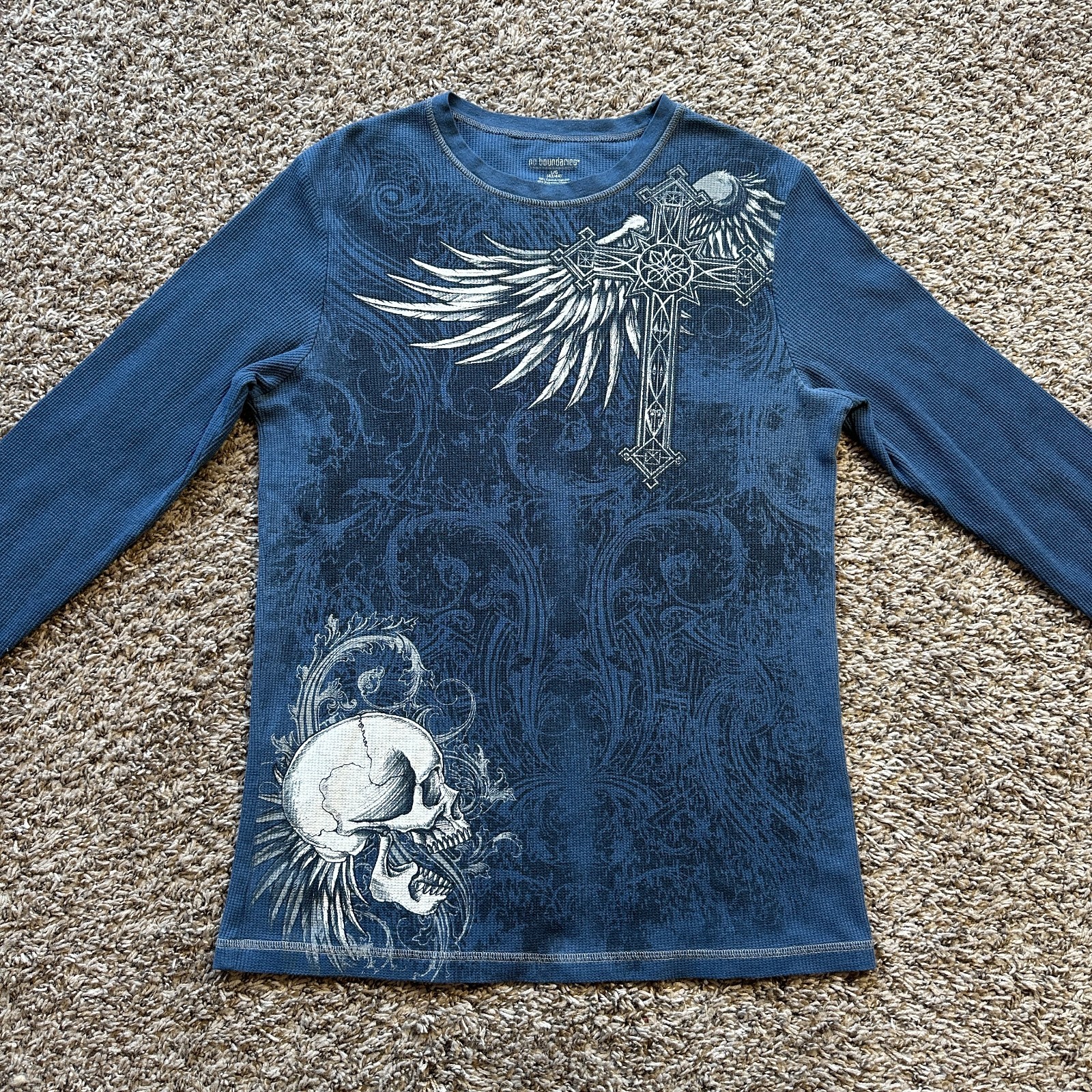 Vintage No Boundaries Thermal Shirt Size L Blue Y2K Skull Cross Wings Cyber Punk gallery