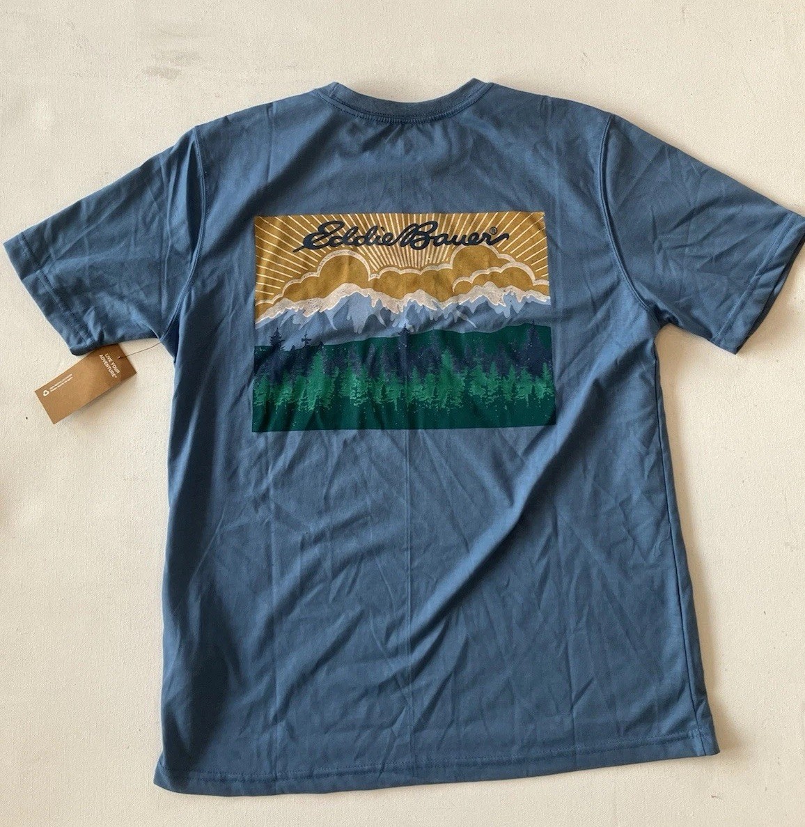 Eddie Bauer Mens Graphic T Shirt NWT Blue Mountain Sunset Logo Size Medium Hike gallery