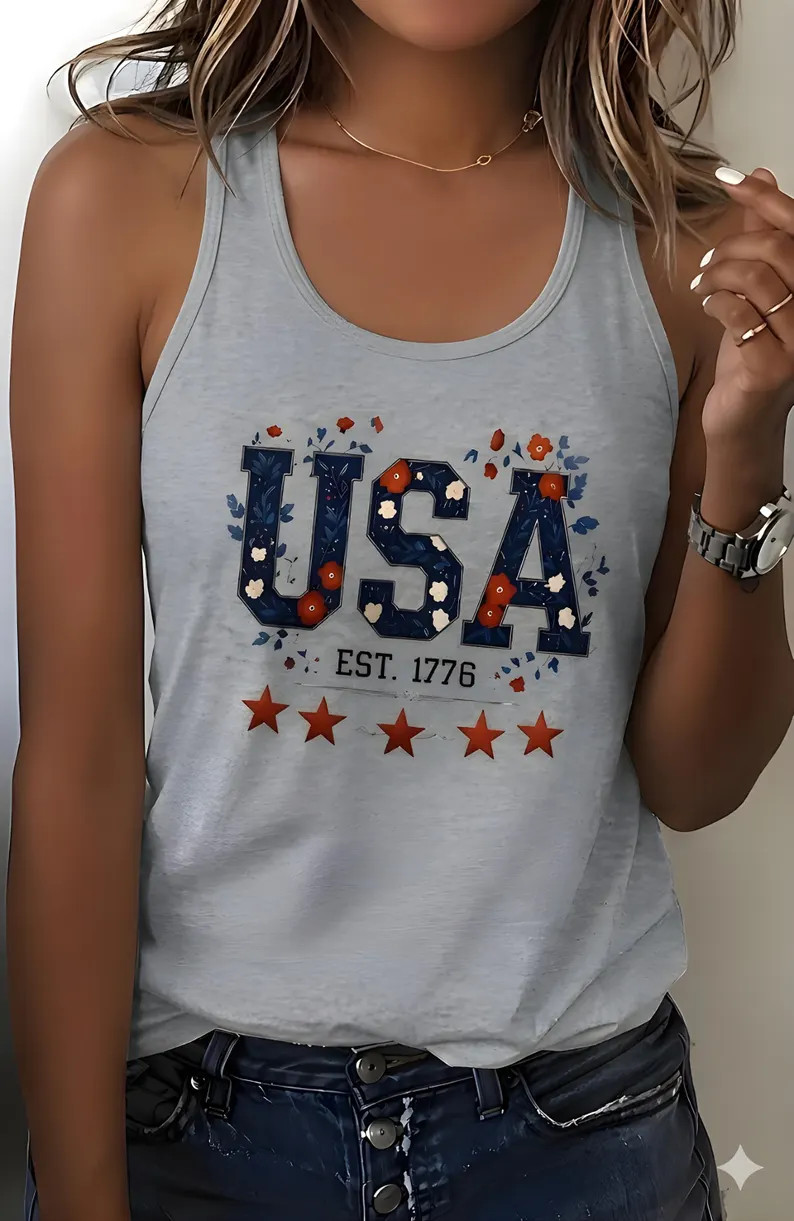 USA Est Floral Patriotic Design Graphic Tank Top gallery