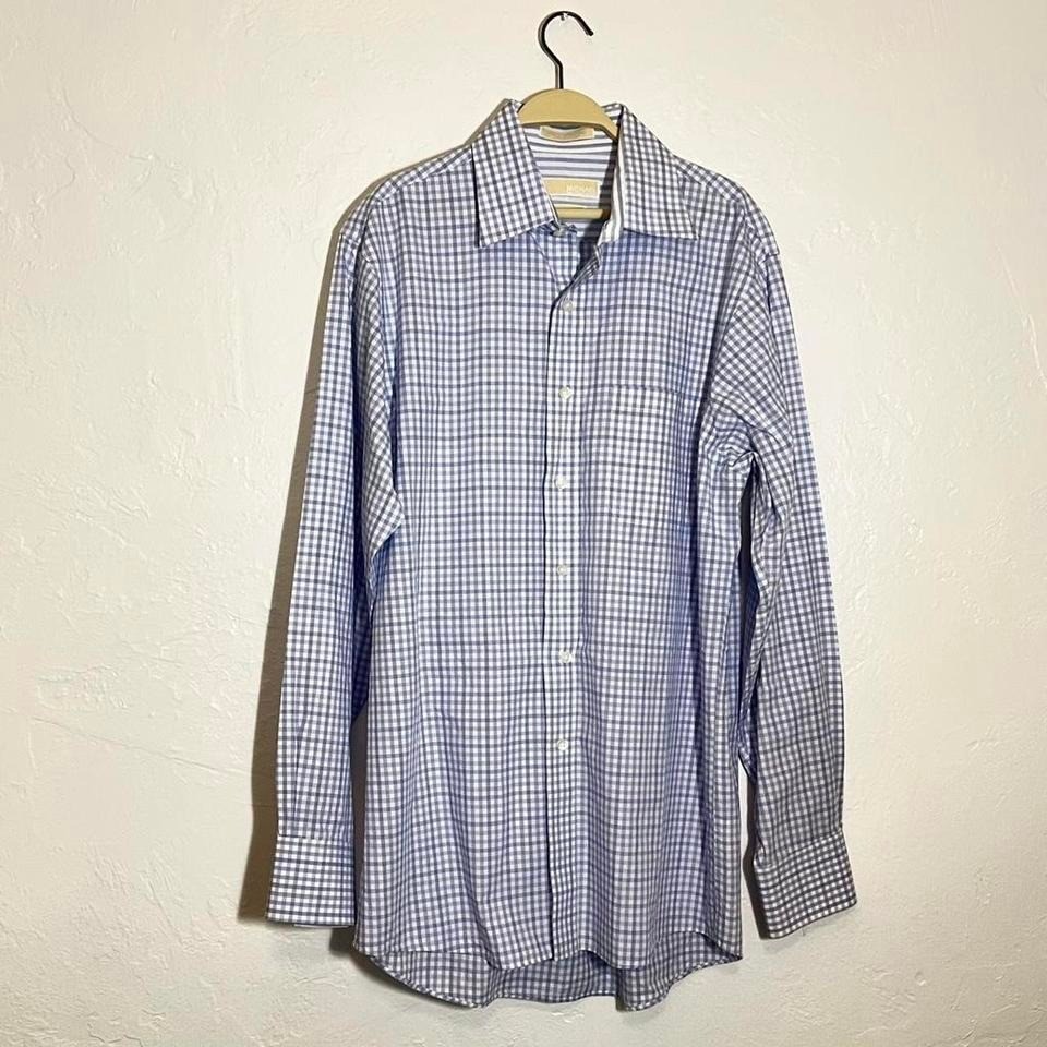 Michael Kors Mens Blue White Gingham Check Dress Shirt Regular Fit Medium 15.5 gallery