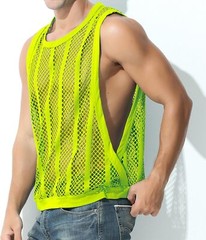 Men Mesh Tank Tops Fishnet Striped Top Sleeveless See Thru Muscle Undershirts