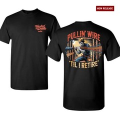 Pullin’ Wire Til I Retire Electrician T-Shirt, Electrician Skeleton Job