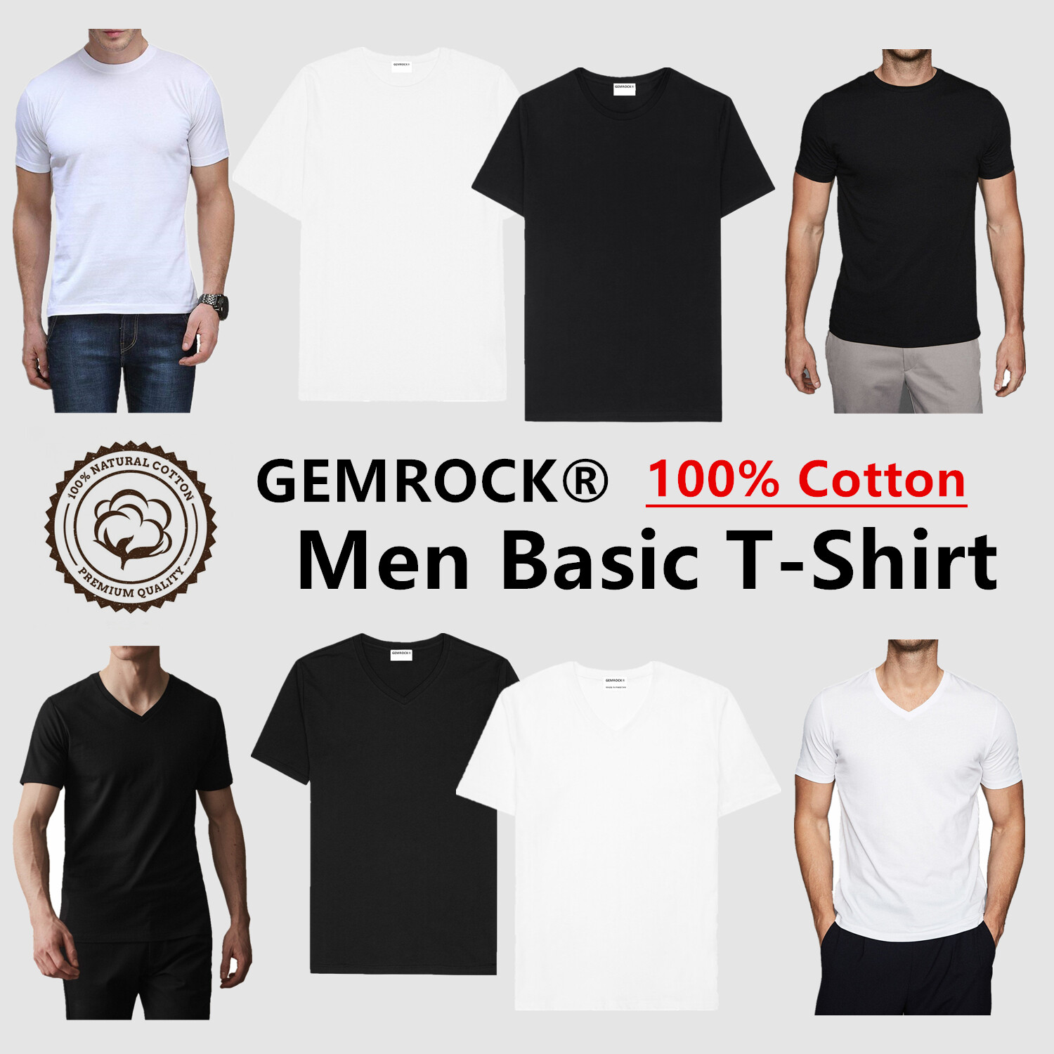 Black White Men 100% Thick Cotton Casual T-Shirt Short Sleeve Tee Crew V Neck gallery