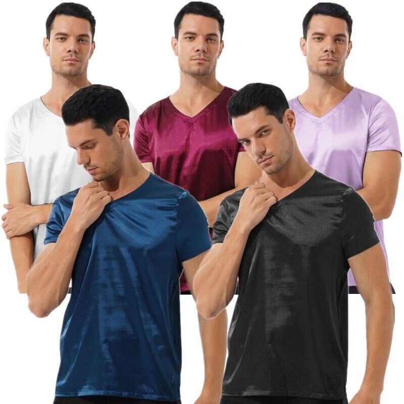 Men's Satin Pullover Short Sleeve V Neck Tops Loungewear Sleepwear Nightwear gallery