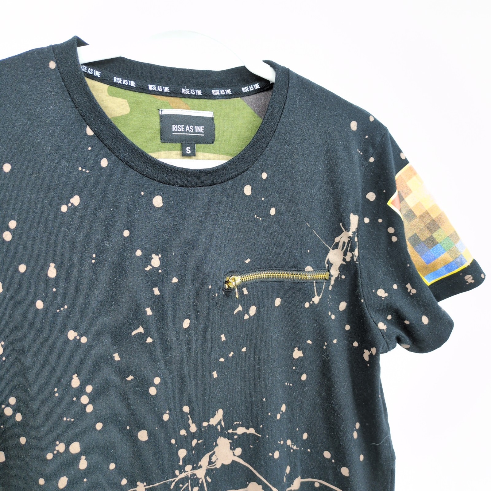 Rise As 1ne Men Small Colored Paint Patched Zipper Yeezy Longline T Shirt Black gallery