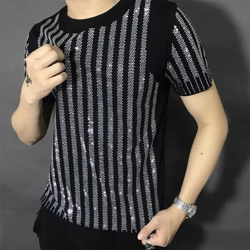 New Men Luxury Diamond Rhinestones Fashion Black T-Shirt High Quality gallery
