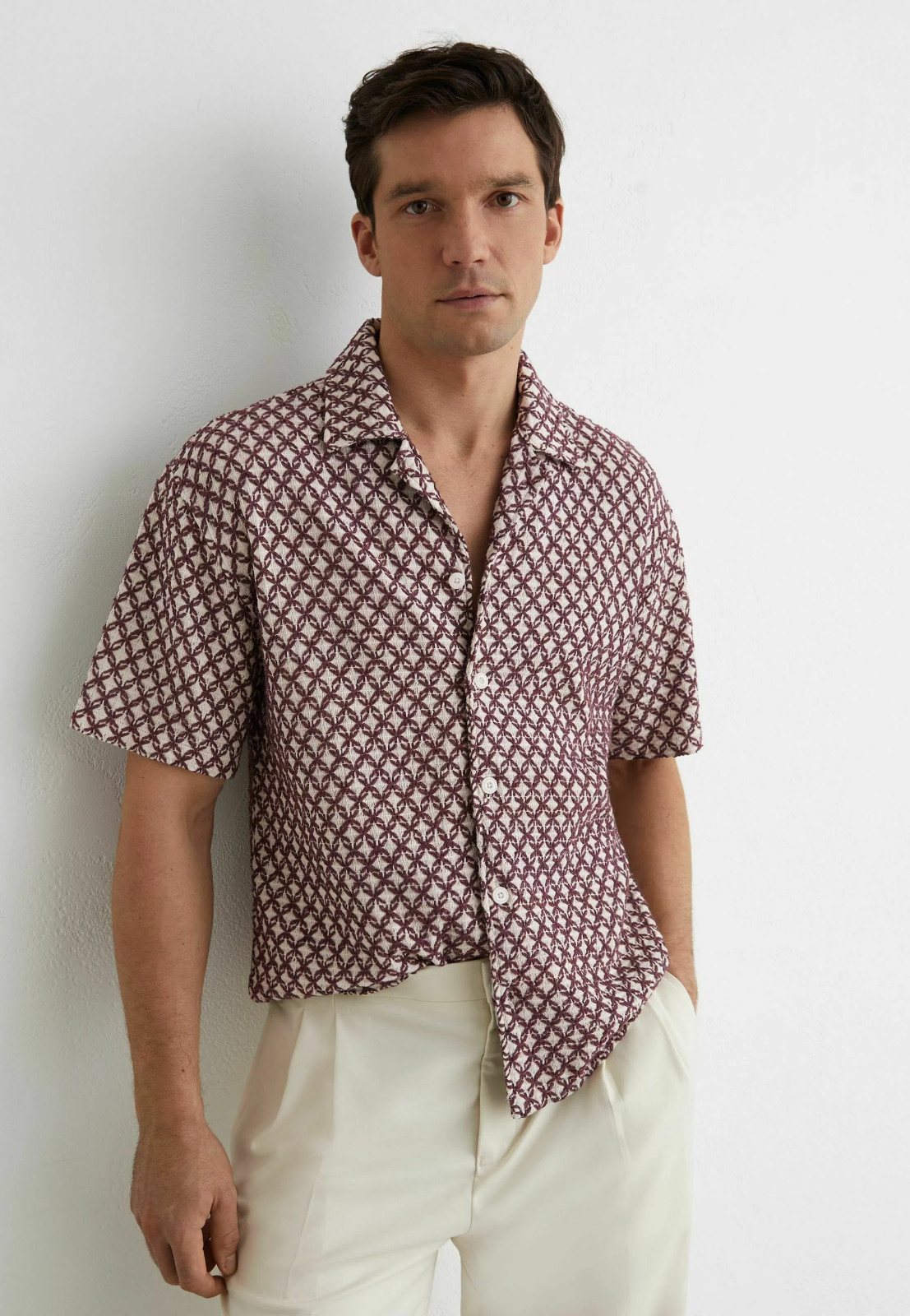 REISS Mens Rust Red Mills Cuban Collar SS Shirt Designer Embroidered Crochet gallery