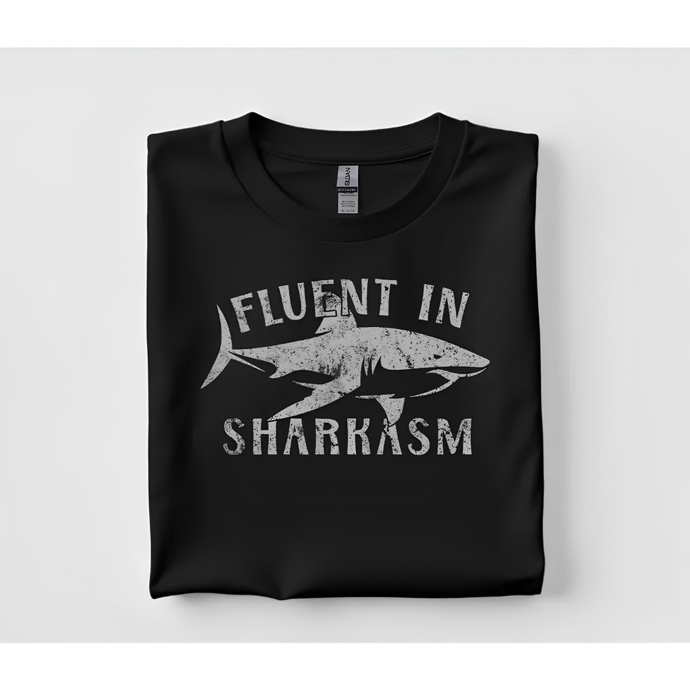 Fluent in Sharkasm Funny Shark Pun Shirt Ocean Humor Graphic Tee