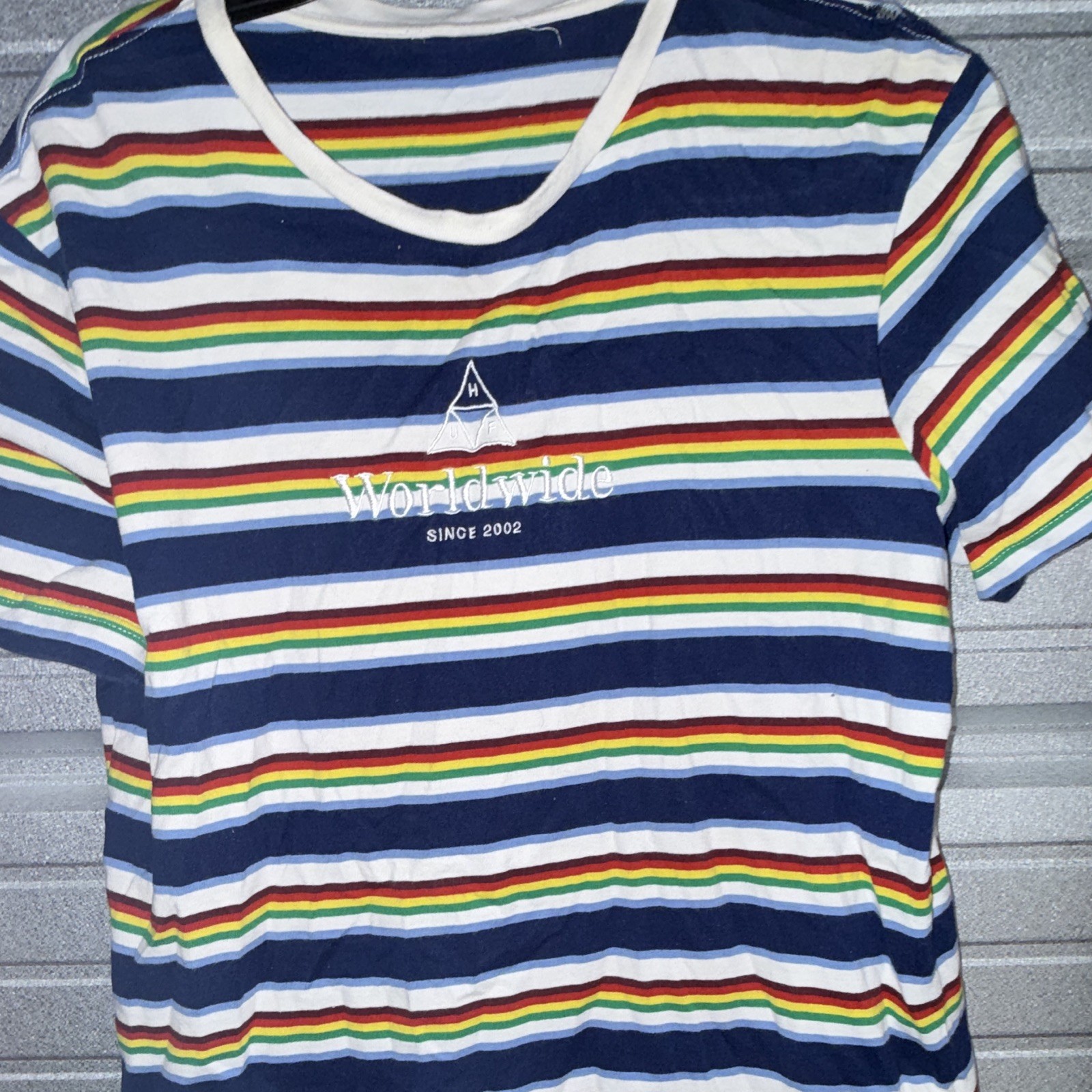 HUF Worldwide Mens Size S Crew Neck Embroidered T-Shirt Striped Skate gallery