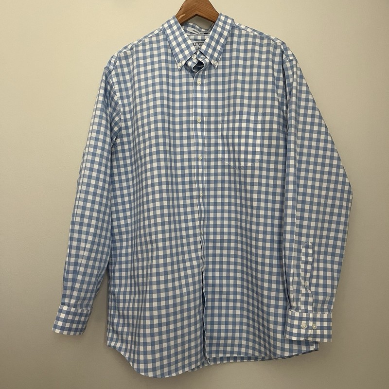 L.L. Bean Button Up Shirt Men’s Large Blue Long Sleeve Check Cotton 023G0 Flaw
