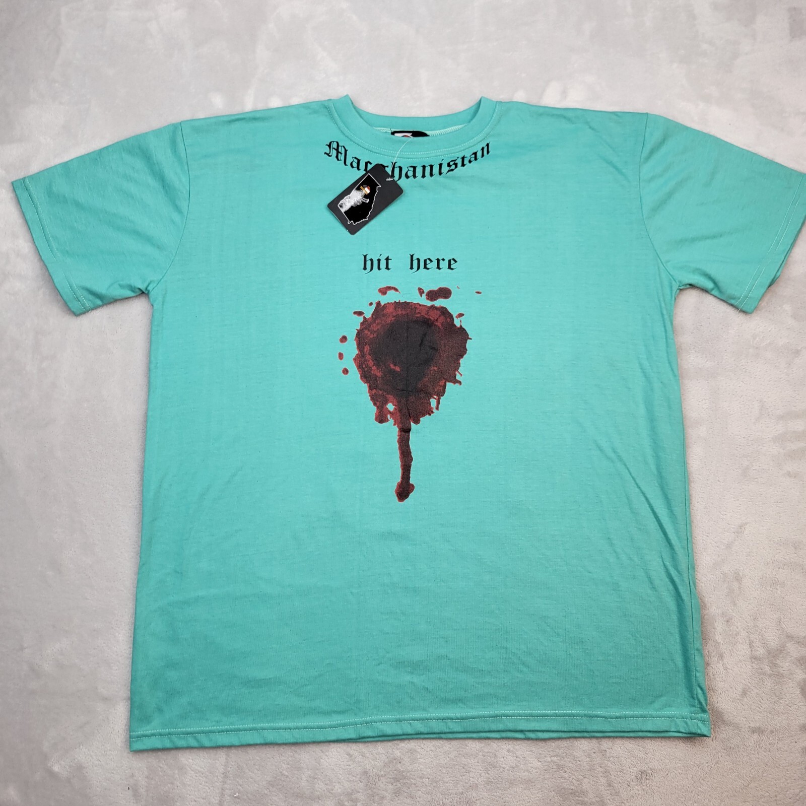Macchanistan Shirt Mens Large Blue Streetwear Movie Bale Headshot Blood Hit Here
