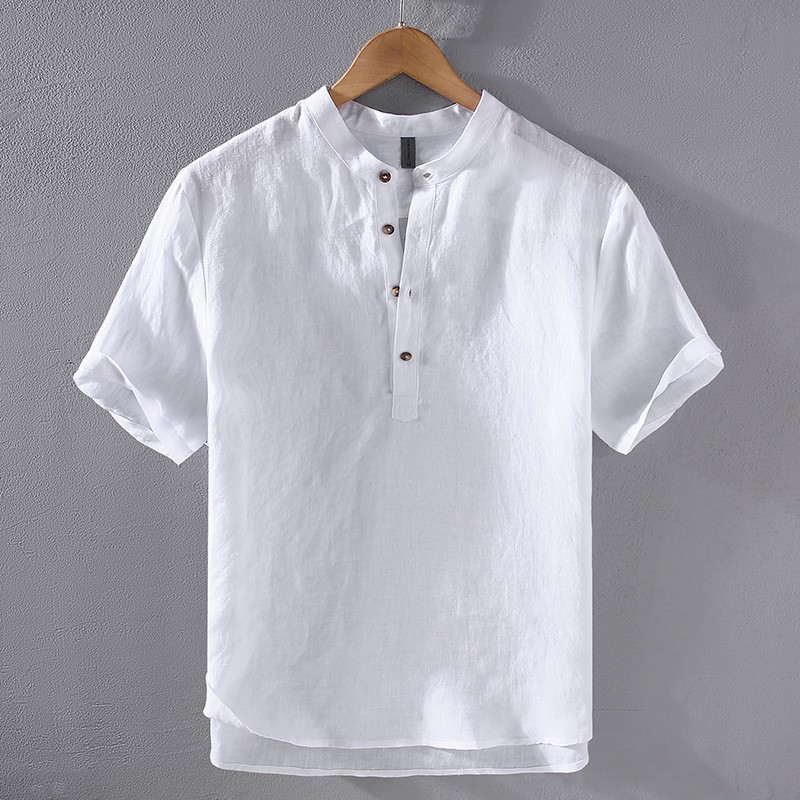 Retro Style Short Sleeve Pullover Mens Stand Collar 100% Linen Shirt Half Button gallery