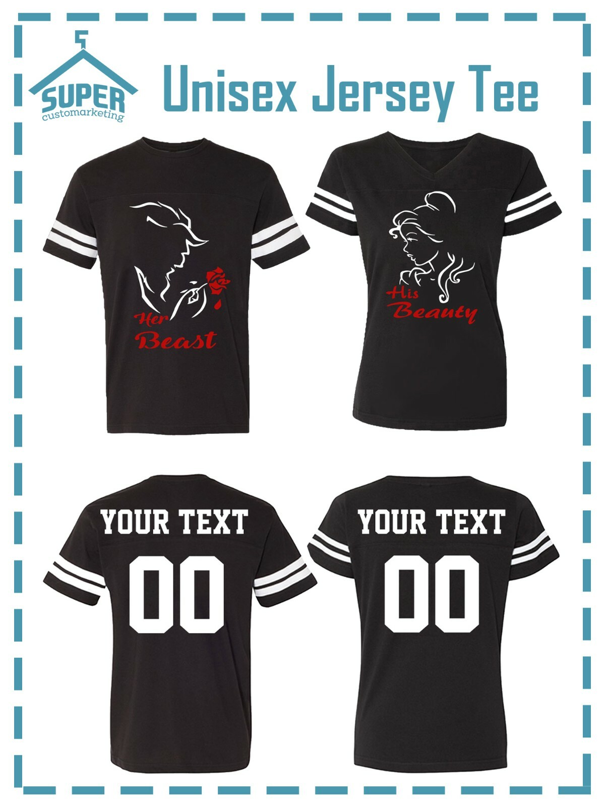 Her BEAST His BEAUTY ROSE JERSEY STYLE COUPLES TSHIRTS CUSTOM BACK PERSONALIZED
