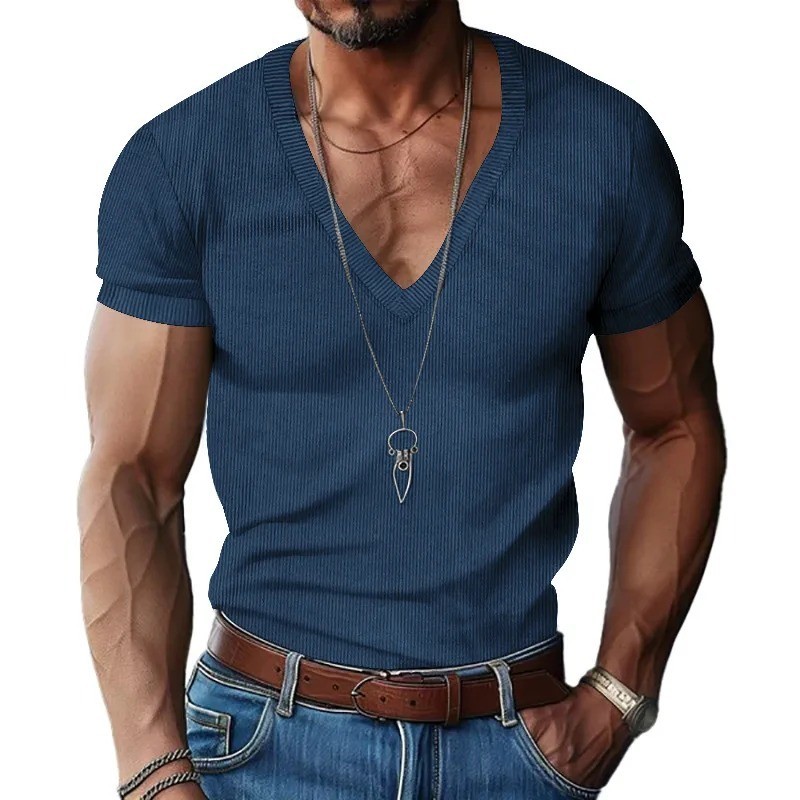 Men Slim Fit Shirts Deep V-Neck short sleeved Casual summer T-Shirt gallery