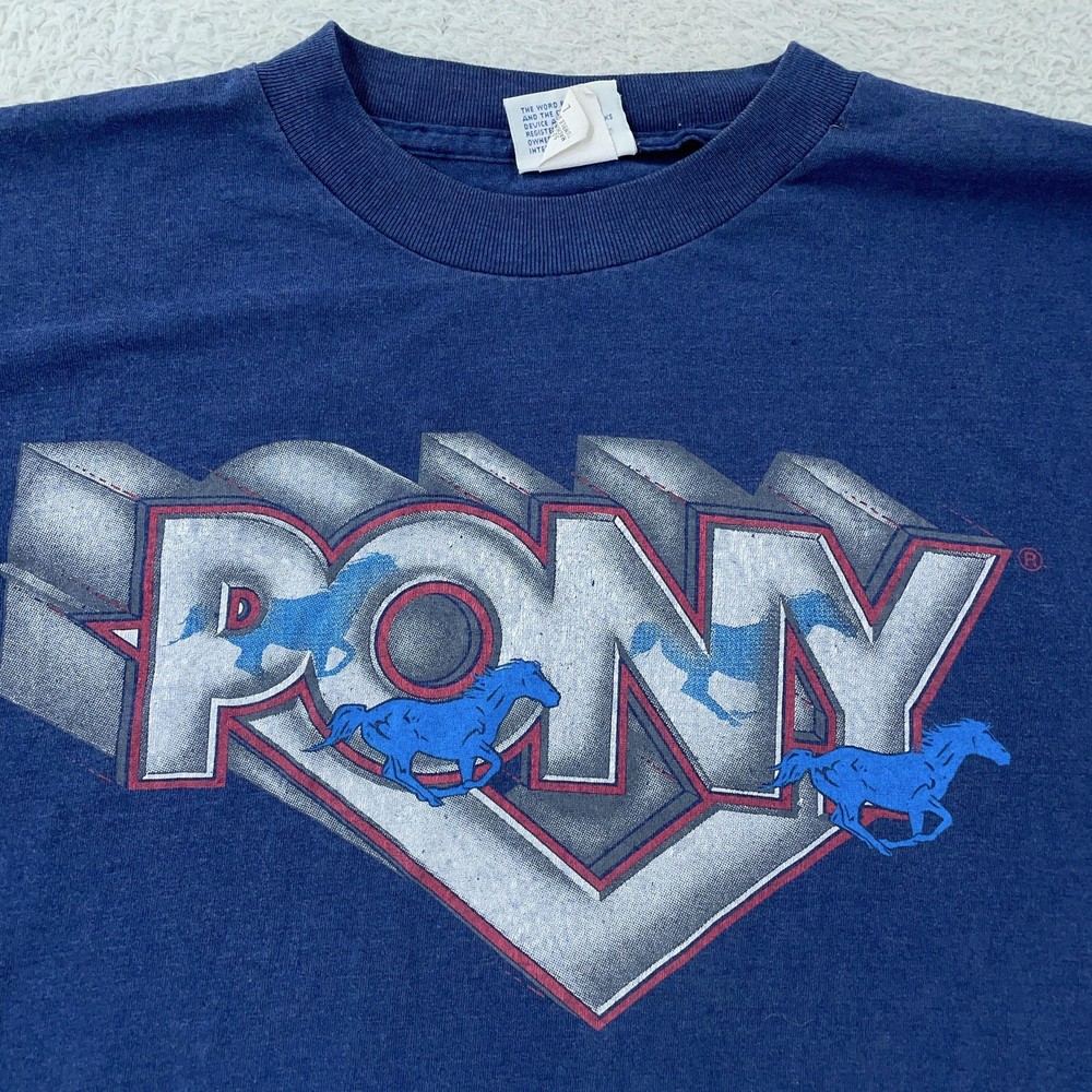Vintage 80s Pony Shirt Mens Medium Blue Single Stitch Sneakers Logo Chevron Tee