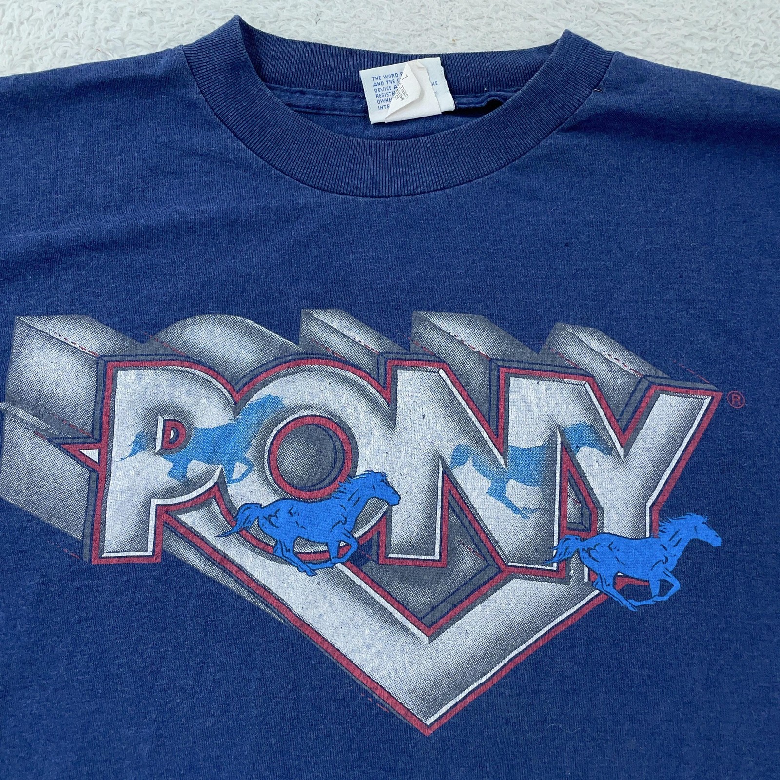 Vintage 80s Pony Shirt Mens Medium Blue Single Stitch Sneakers Logo Chevron Tee