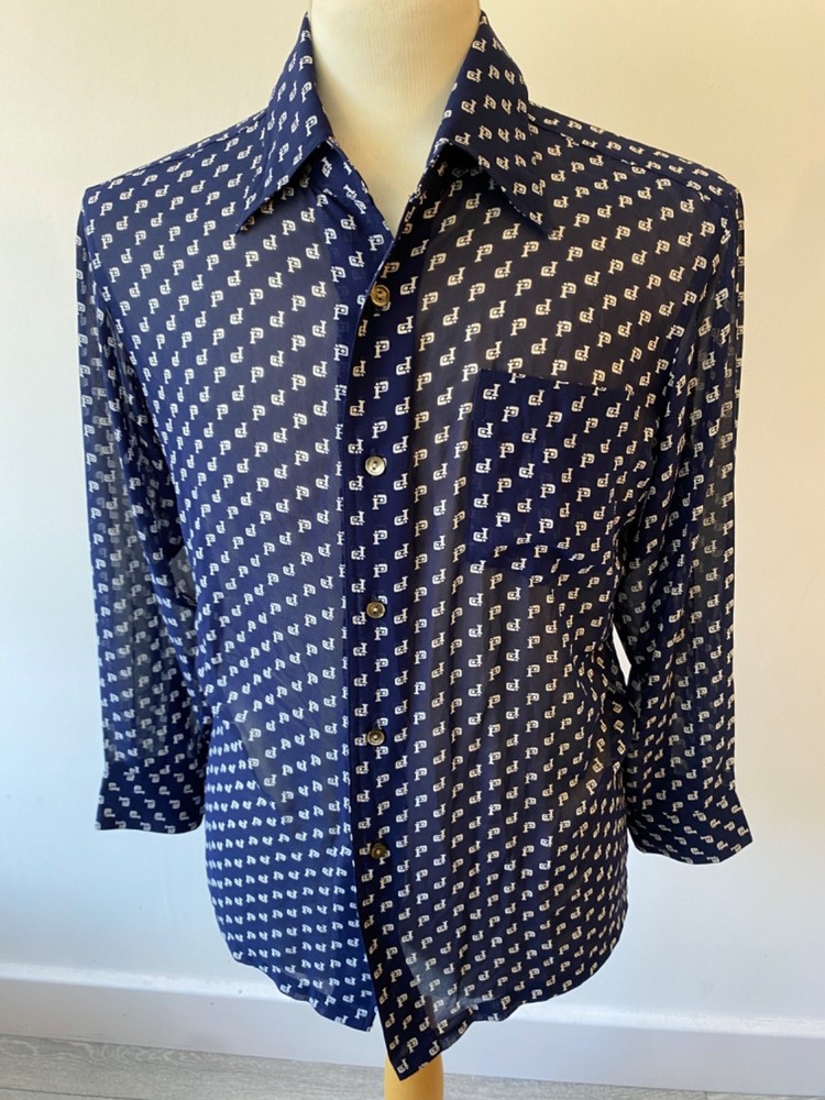 HUNTER mens 1970’s HISHIYA NAVY SOFT SEMI-SHEER RETRO LONG SLEEVE SHIRT M 40″