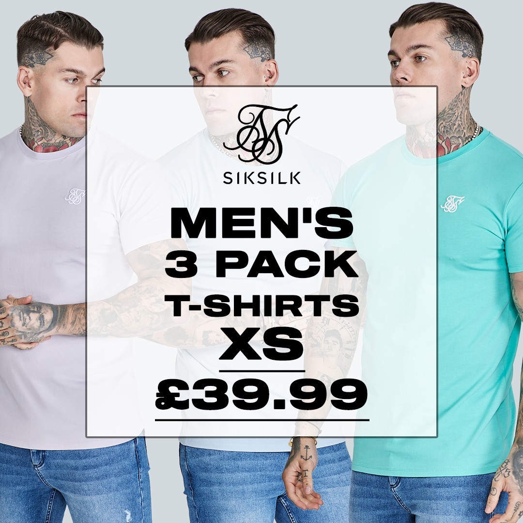 SikSilk Men’s 3 PACK of Essentials Muscle Fit Tee’s Lilac, Green & Blue XS