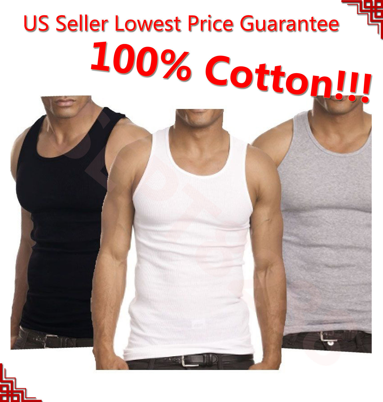 3-12 Packs Mens 100% Cotton Tank Top A-Shirt Undershirt Ribbed Black White Gray gallery