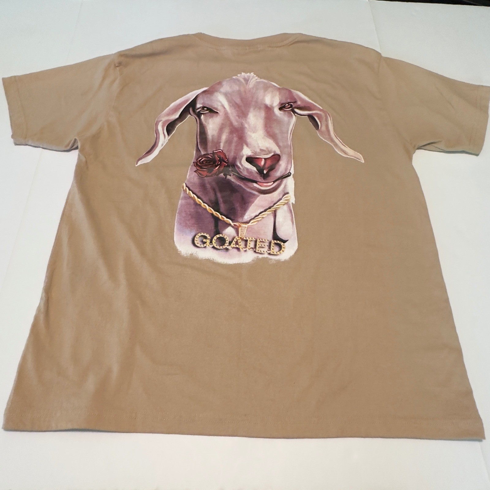 Goated Collection Tan Graphic T-Shirt Mens Large Streetwear Goat Rose Chain Tee gallery