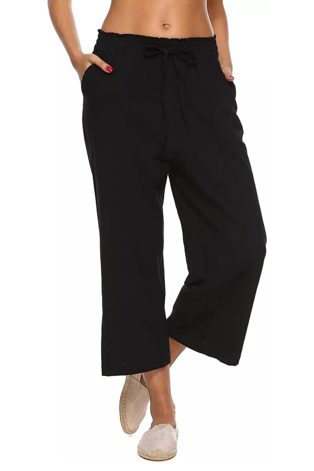 LNX Womens Linen Capri Pants Wide Leg High Waisted Drawstring Casual Cropped ... gallery