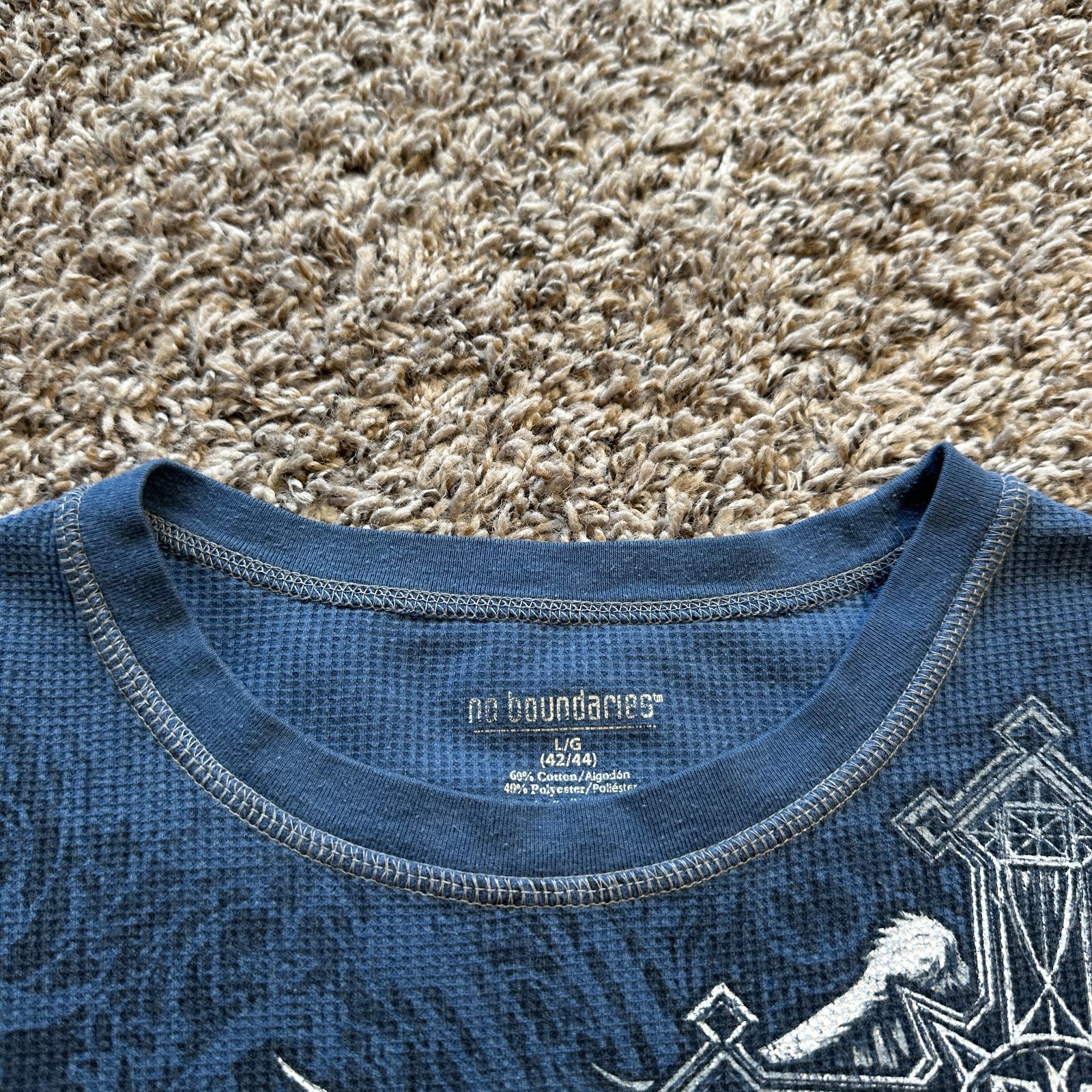 Vintage No Boundaries Thermal Shirt Size L Blue Y2K Skull Cross Wings Cyber Punk gallery