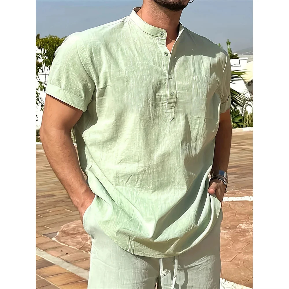 Summer Breathable Cotton Linen Henley Neck T Shirt Lightweight Casual Top Gift gallery