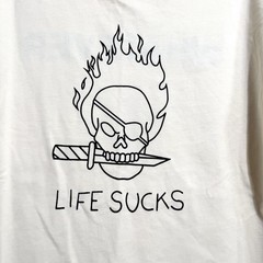 Reversible Graphic T-Shirt | “Whatever” Yellow “Life Sucks” Skull Cream Large