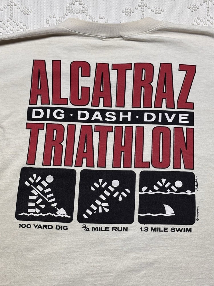 VTG Stained Crazy Shirts Alcatraz Triathlon T-shirt XXL Dig Dash Dive USA Made