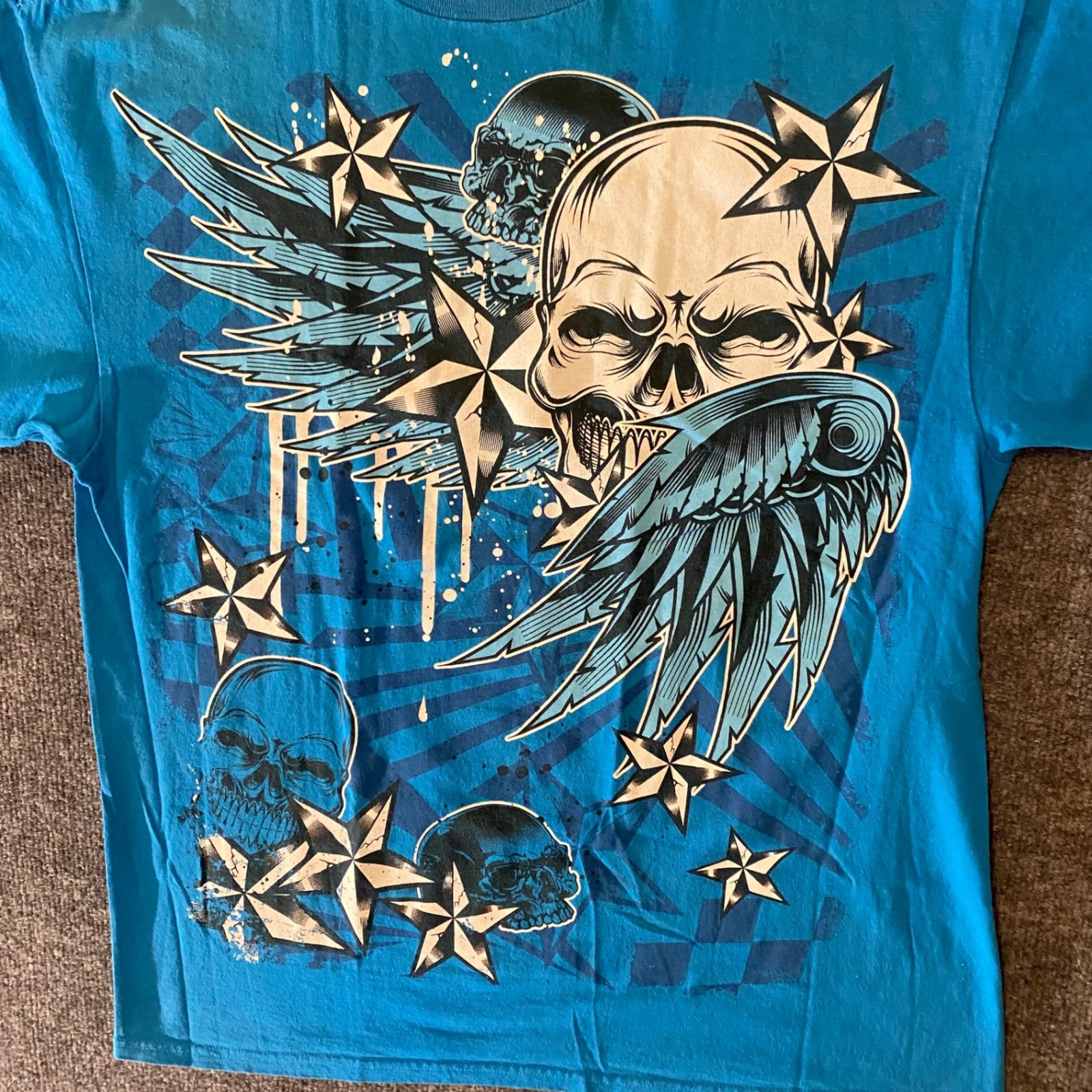 Delta Pro Weight Shirt Mens L Blue Skull Wings Stars Graphic Cotton Short Tee gallery