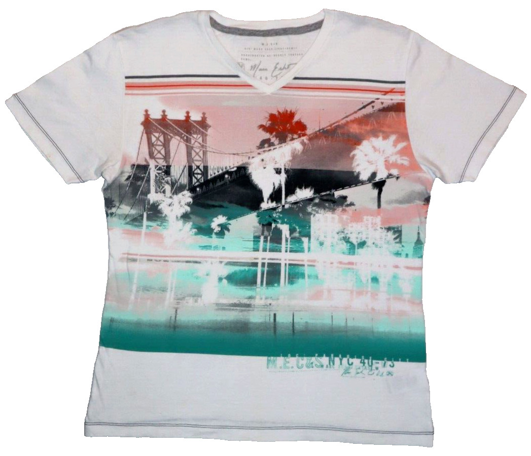 Marc Ecko Cut Size L Designer Shirt V-Neck NYC New York Paradise City Bridge
