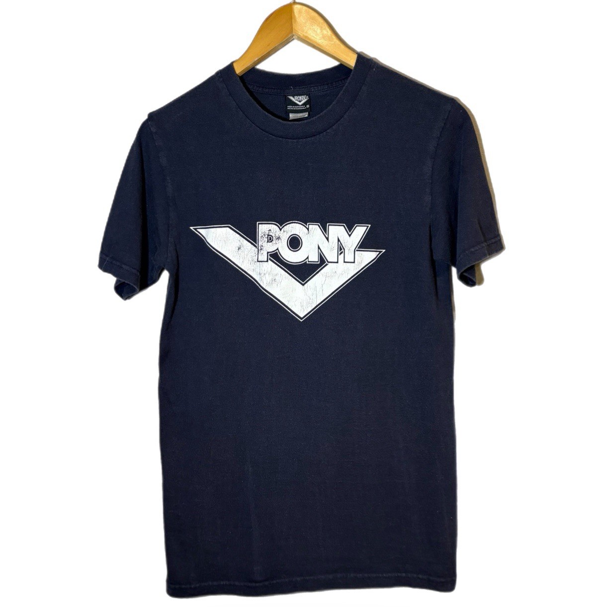Vintage 80s PONY Chevron Small Navy Blue T Shirt USA Made Rare Logo Spellout