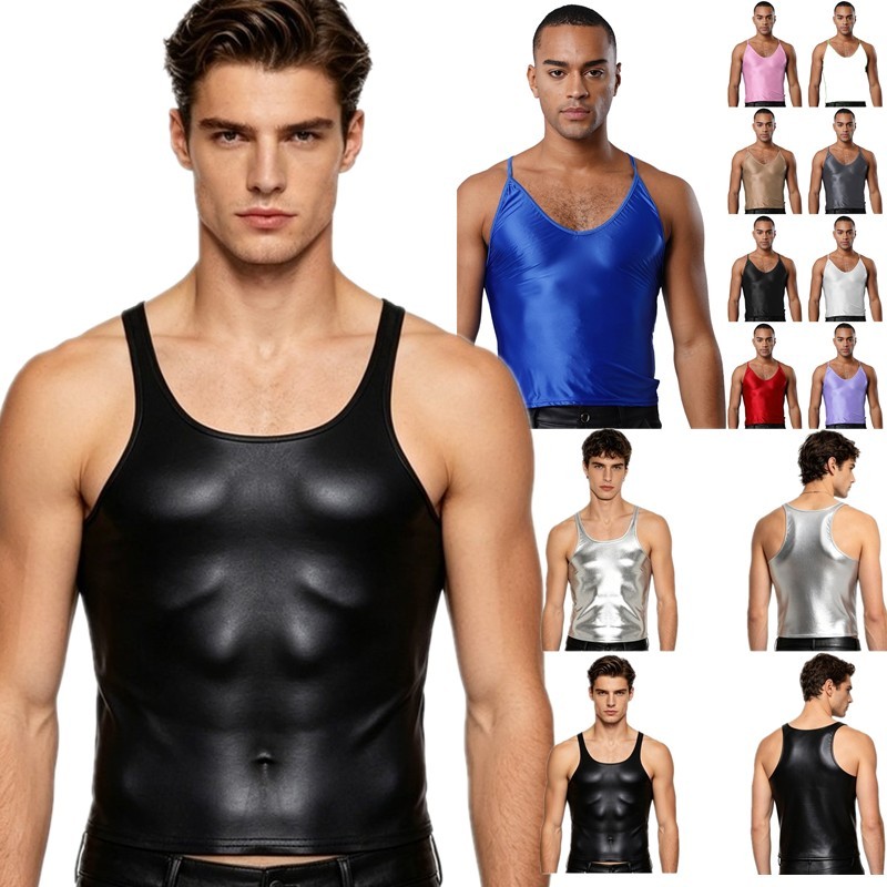 US Mens Metallic Shiny Slim Top Sleeveless Disco Sling Vest T-shirt for Gym Club gallery