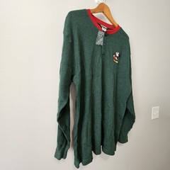 NWOT VINTAGE Disney Mickey Mouse Embroidered Thermal Henley Shirt Large L Green