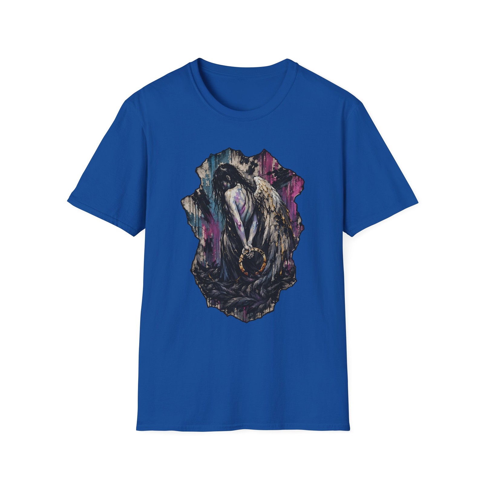 Tragic Angel Street Mural Broken Halo Black Feathers Unisex Softstyle T-Shirt gallery