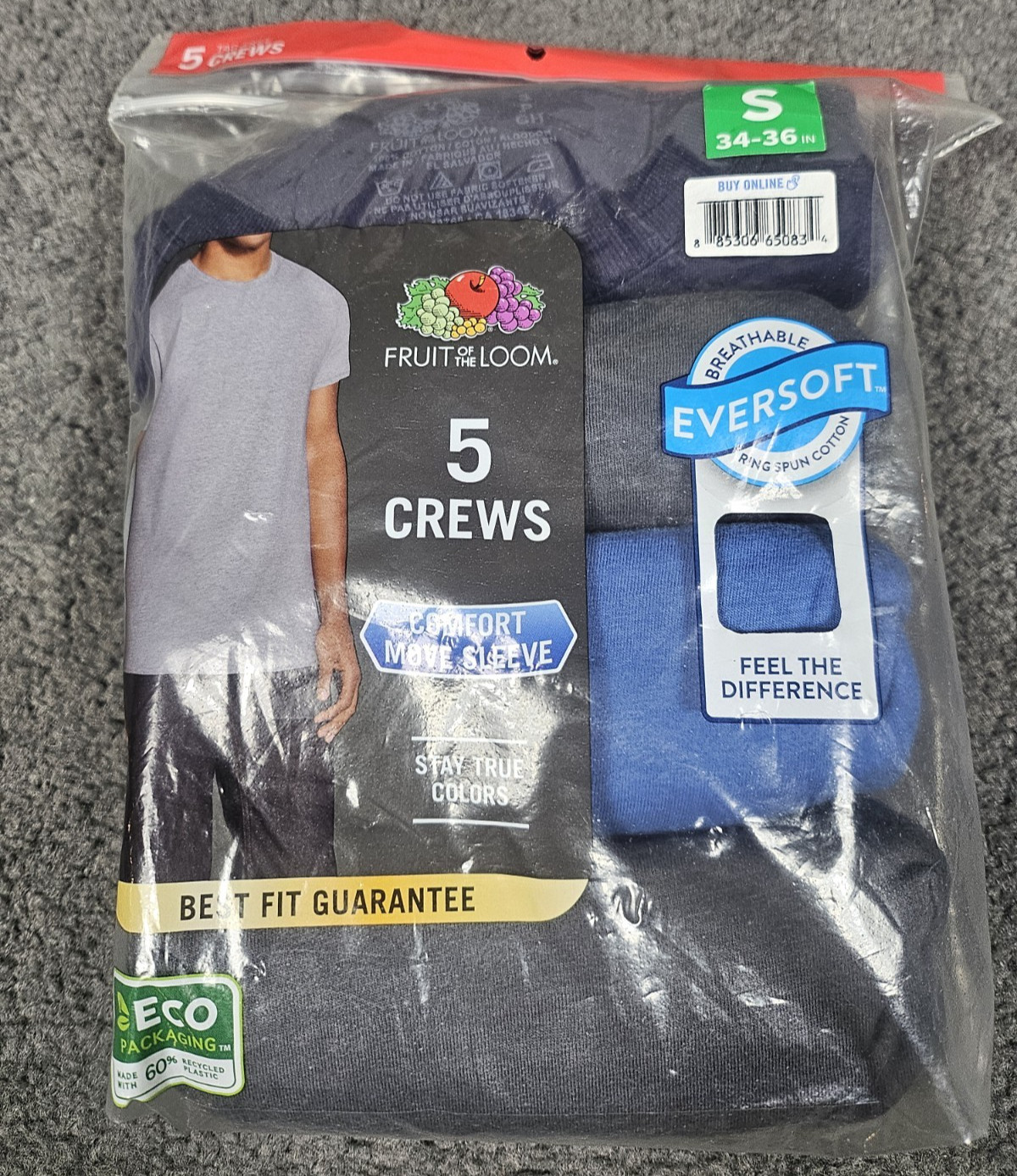 Men’s Crew Neck T Shirts S 34-36 Multicolor Fruit of the Loom 5 Pack Flat Collar