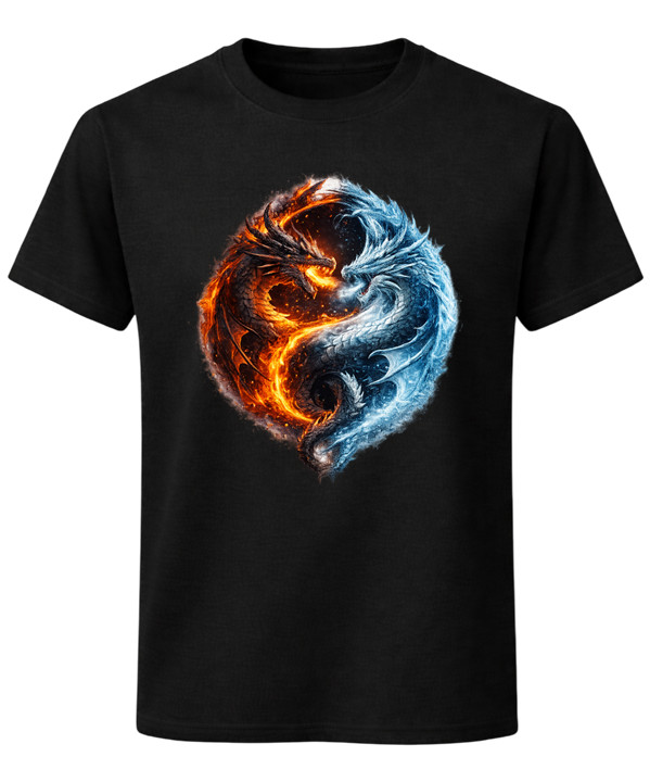 Yin Yang Fire Ice Dragon Art T-Shirt Fantasy Mythical Gift Unisex Tee