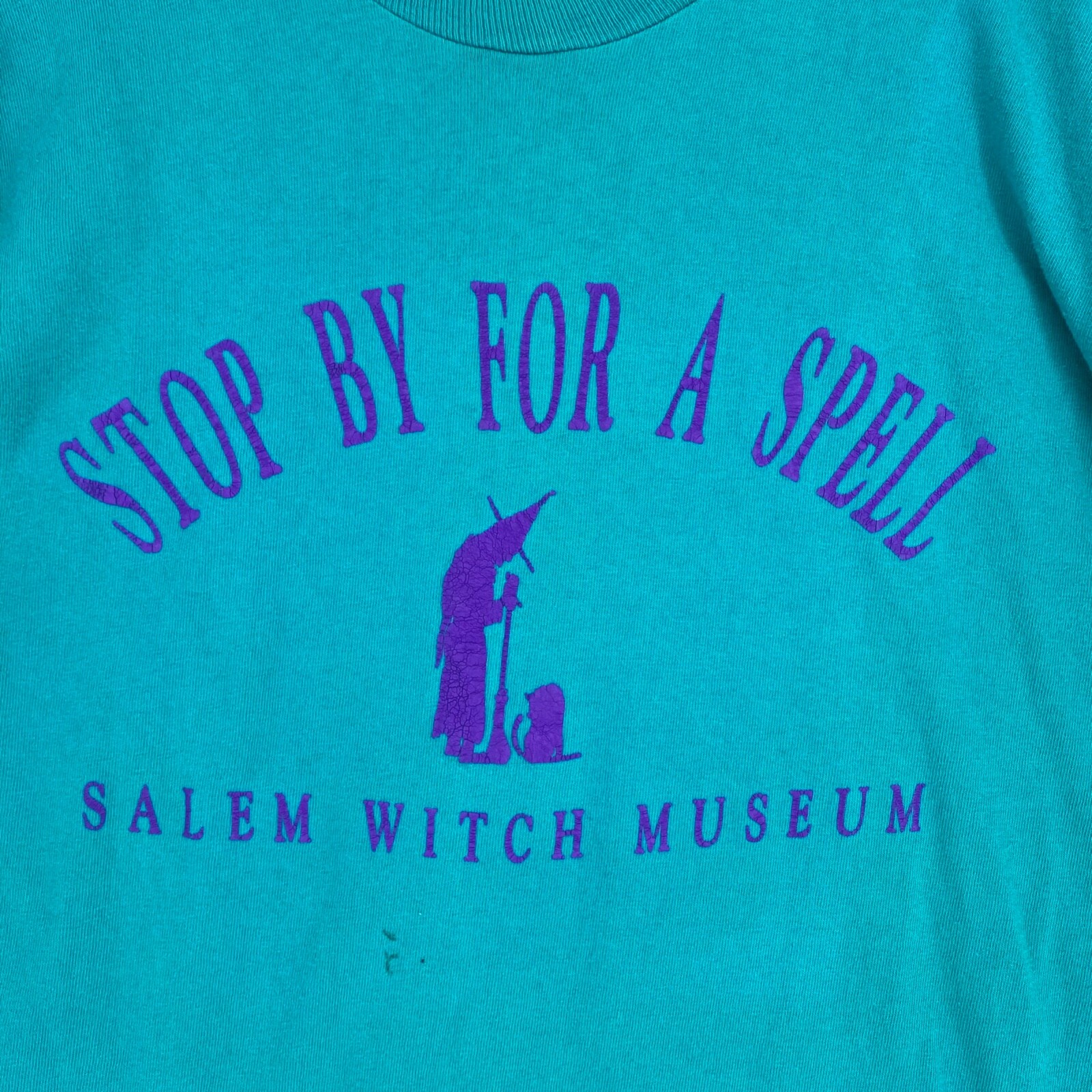 Salem Witch Museum Adult Size XL T-Shirt Teal Blue Stop by for a Spell Vintage gallery