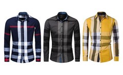 Mens Plaid Shirt Designer Engineered Stripes Stretch Button Up New Casual Dress