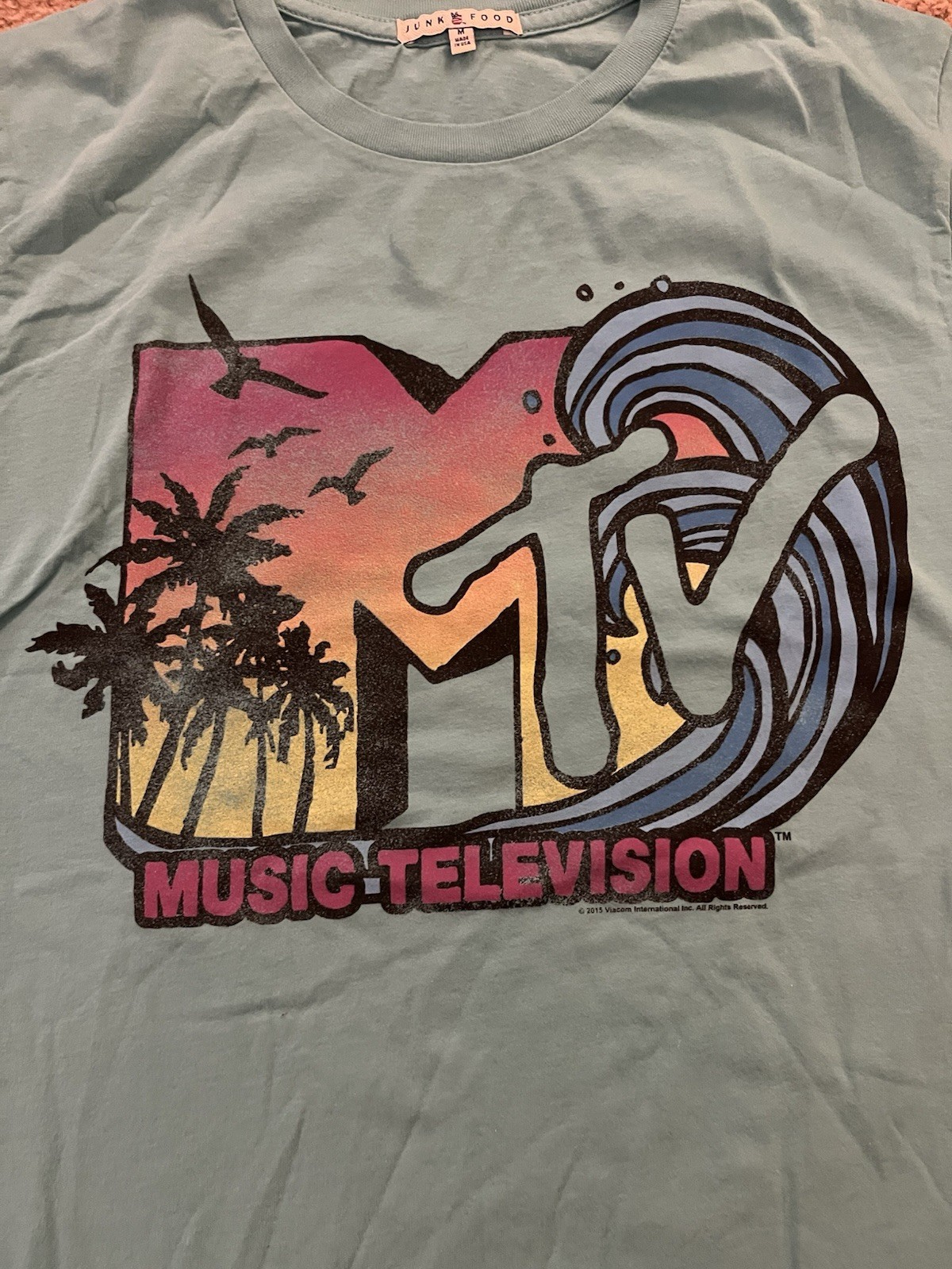 MTV Classic Tropical Wave Logo T-Shirt Size Medium Beach Sunset Bright Teal